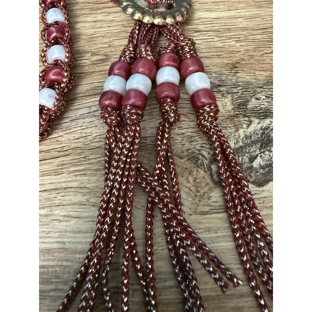 Handmade Beaded Bolo Tie Necklace Sparkly Red Wht Plastic Beads Cowgirl Costume‎